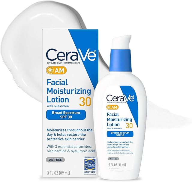 CeraVe AM Facial Moisturizing Lotion with SPF 30, Oil-Free Face Moisturizer with SPF, Formulated with Hyaluronic Acid, Niacinamide & Ceramides, Non-Comedogenic, Broad Spectrum Sunscreen, 3 Ounce