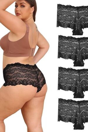 Womens Plus Size Panties Mid Rise- Lace Boyshorts Panty, Cheeky Underwear Boy Shorts for Women, Pack of 4