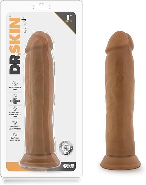 Blush Dr. Skin 9" Realistic Feel Dildo, Thick Lifelike Cock with Veins - Suction Cup, Strap-On Compatible, Body-Safe Soft PVC, Vagina & Pegging Fantasy Adult Sex Toy for Women, Men & Couples - (Mocha)