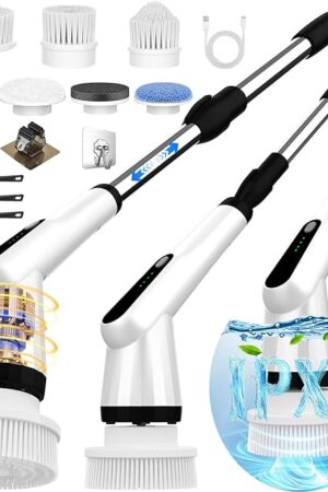 Electric Spin Scrubber, Dreazu IPX7 Bathroom Scrubber with 7 Replaceable Brush Heads & Retractable Handle, 2-Speed Adjustable Shower Cleaner Brush for Bathroom, Bathtub, Kitchen, Tile Floors