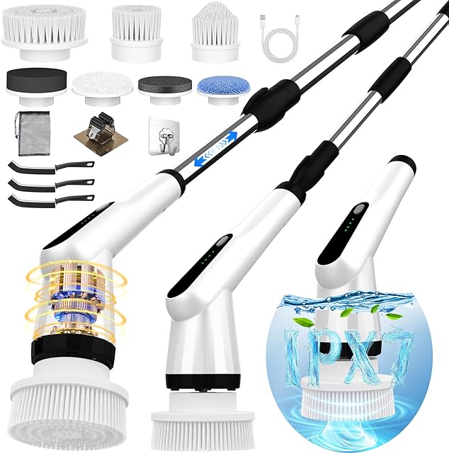 Electric Spin Scrubber, Dreazu IPX7 Bathroom Scrubber with 7 Replaceable Brush Heads & Retractable Handle, 2-Speed Adjustable Shower Cleaner Brush for Bathroom, Bathtub, Kitchen, Tile Floors