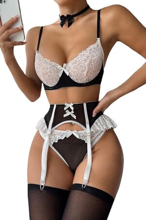 Women's 6 Piece Set Floral Lace Bow Front Colorblock Underwire Garter Lingerie Set with Choker with Stocking