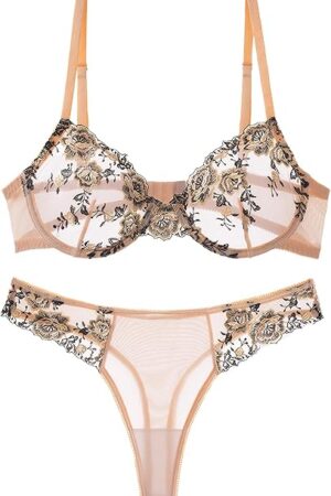 Women Embroidery Underwire Set Thong Lingerie Set Mesh Underwire Push Up See Through Panty Bra