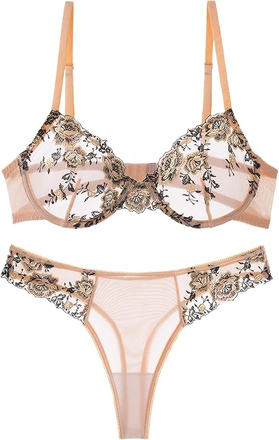 Women Embroidery Underwire Set Thong Lingerie Set Mesh Underwire Push Up See Through Panty Bra