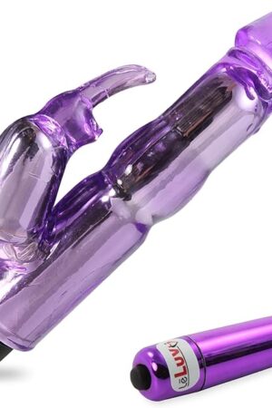LeLuv Rabbit Vibrator Waterproof Bath Time Bunny Bundle with Pointed Chrome Mini Bullet Massager Purple