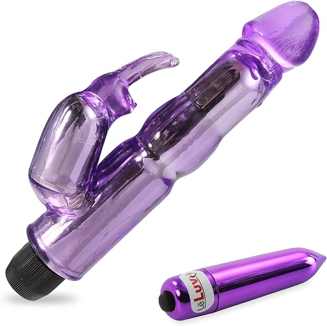 LeLuv Rabbit Vibrator Waterproof Bath Time Bunny Bundle with Pointed Chrome Mini Bullet Massager Purple