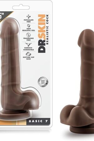 Blush Dr. Skin Realistic 7.75" Chocolate Dildo w/Balls, Long Silm Lifelike Cock for Solo Vaginal & Pegging - Suction Cup, Harness Compatible - Beginner Adult Sex Toy for Women, Men & Couples -(Brown)