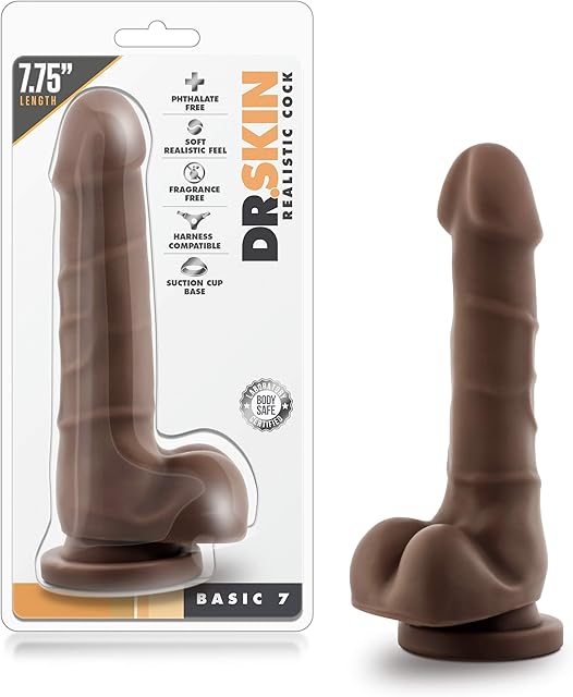 Blush Dr. Skin Realistic 7.75" Chocolate Dildo w/Balls, Long Silm Lifelike Cock for Solo Vaginal & Pegging - Suction Cup, Harness Compatible - Beginner Adult Sex Toy for Women, Men & Couples -(Brown)