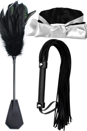 Adult Flogger Faux Leather Black Whip Satin Mask Feather Tickler French Crop Perfect for Costume Cosplay Bedroom Play Kit