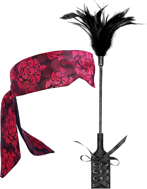 Feather Ticklers Teasers French Tickler Crop for Beginners, Satin Eye Mask for Women Red 59"