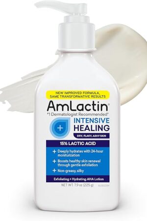 AmLactin Intensive Healing Body Lotion for Dry Skin, 79 oz Pump Bottle, 2-in-1 Exfoliator and Moisturizer with Ceramides and 15% Lactic Acid for 24-Hour Relief from Dry Skin (Packaging May Vary)