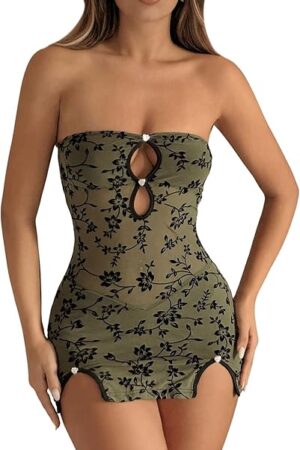 Women's Chemise Nightgowns Floral Lace Mesh Strapless Thong Babydoll Dress Lingerie Set