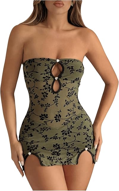 Women's Chemise Nightgowns Floral Lace Mesh Strapless Thong Babydoll Dress Lingerie Set
