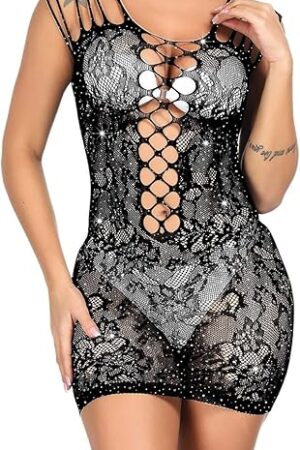 Fishnet Lingerie for Women Sparkle Rhinestone Babydoll Chemise Sleeveless Hollow Out Teddy Dress Sexy Outfit