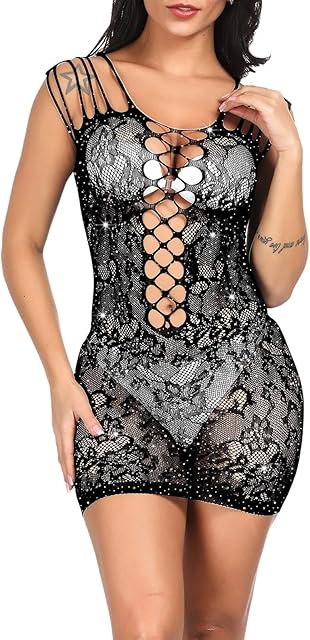 Fishnet Lingerie for Women Sparkle Rhinestone Babydoll Chemise Sleeveless Hollow Out Teddy Dress Sexy Outfit