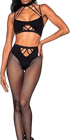 Women's Bralette & Pantyhose Bodystocking Set with Snap Neck Closure Black