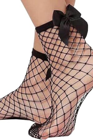 Women Ruffle Fishnet Ankle High Socks Mesh Lace Fish Net Short Socks Bow Butterfly Sexy Underwear Thong Lingerie Black, One Size