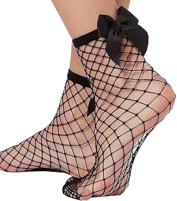 Women Ruffle Fishnet Ankle High Socks Mesh Lace Fish Net Short Socks Bow Butterfly Sexy Underwear Thong Lingerie Black, One Size