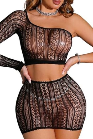 Women's Babydoll Fishnet Set Hollow Out Tight One Shoulder Lingerie Top+Mini Dress Clubwear Bodystocking Set