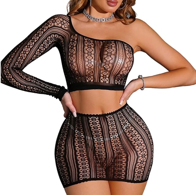 Women's Babydoll Fishnet Set Hollow Out Tight One Shoulder Lingerie Top+Mini Dress Clubwear Bodystocking Set