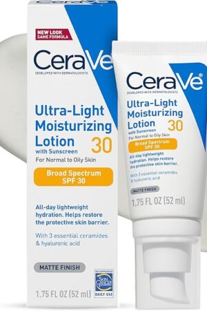 CeraVe Ultra-Light Moisturizing Lotion With SPF 30, Daily Face Moisturizer with SPF, Formulated with Hyaluronic Acid & Ceramides, Broad Spectrum SPF, Oil Free, Matte Finish, 17 Ounce