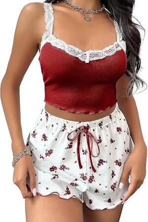 Women Cami Pajamas Lingerie Short PJ Sexy Sleepwear V Neck Lace Trim Sleeveless Drawstring Waist Nightwear