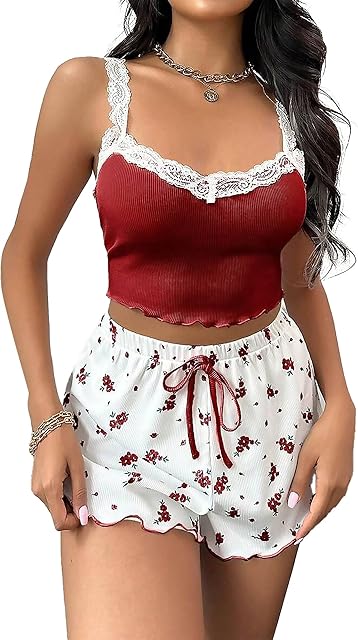 Women Cami Pajamas Lingerie Short PJ Sexy Sleepwear V Neck Lace Trim Sleeveless Drawstring Waist Nightwear