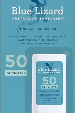 BLUE LIZARD Sensitive Mineral Sunscreen Stick with Zinc Oxide, SPF 50+, Water Resistant, UVA UVB Protection Easy to Apply, Fragrance Free, 05 Oz