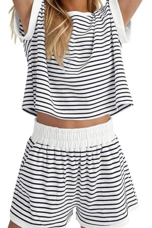 2 Piece Lounge Set Women Striped Short Sleeve Tee Shirts Mini Shorts Loungewear Casual Short Sets Matching Tracksuit