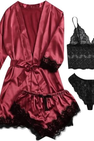 4Pcs Silk Satin Pajamas Sets for Women S-XXL Sexy Lingerie Pajama with Robe Set Lace Pjs Bra and Panty Soft Sleepwear