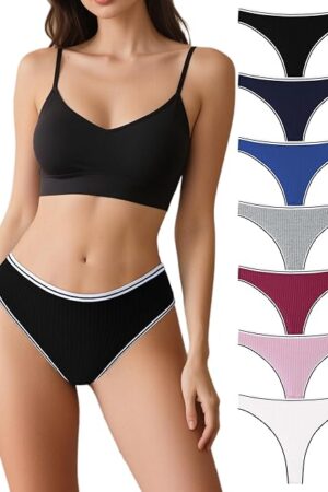 7 Pack Womens Cotton Thongs Sexy Low Rise Hipster Ribbed G-Strings Breathable Stretch Women Underwear