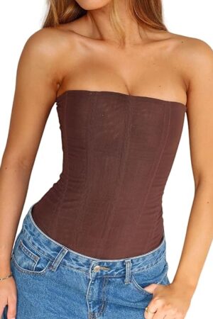 Women Sheer Mesh Bustier Top Y2k Vintage Strapless Boned Corset Sexy Shapewear Tube Top Going Out Party Overbust