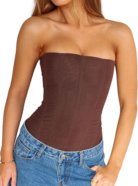 Women Sheer Mesh Bustier Top Y2k Vintage Strapless Boned Corset Sexy Shapewear Tube Top Going Out Party Overbust