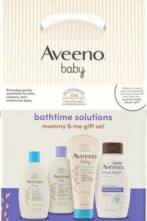 Aveeno Baby Bathtime Solutions Mommy & Me Gift Set, Baby Wash & Shampoo, Calming Bath, Daily Moisturizing Lotion & Stress Relief Body Wash for Mom, Nourishing Oat, Registry Must Haves, 4 items
