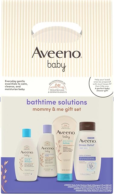 Aveeno Baby Bathtime Solutions Mommy & Me Gift Set, Baby Wash & Shampoo, Calming Bath, Daily Moisturizing Lotion & Stress Relief Body Wash for Mom, Nourishing Oat, Registry Must Haves, 4 items