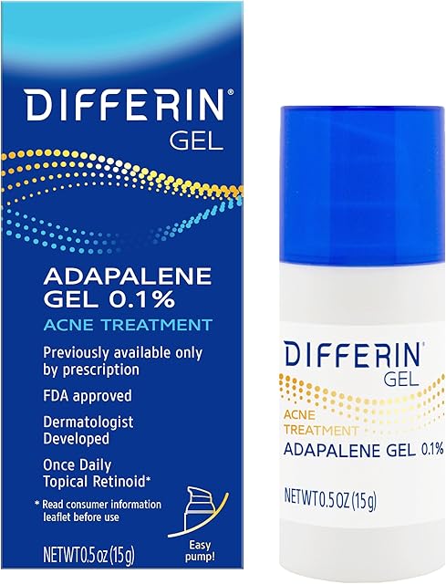 Differin Acne Treatment Gel, 30 Day Supply, Retinoid Treatment for Face with 0.1% Adapalene, Gentle Skin Care for Acne Prone Sensitive Skin, 15g Pump (Packaging May Vary)
