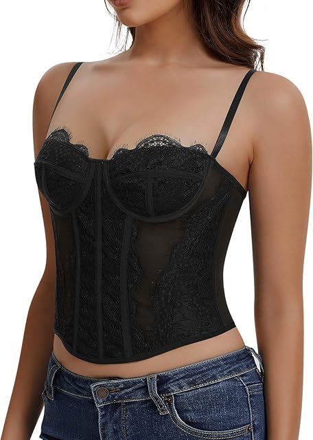 Lace Corset Tops for Women Sexy Going Out Bustier Top Sleeveless Adjustable Straps Crop Tops with Back Hooks