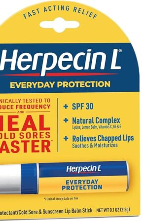 Herpecin L Lip Balm Stick; Cold Sore Sun & Fever Blisters and Chapped Lips Relief Lip Balm with SPF30, Lemon Balm, and Lysine, 01oz