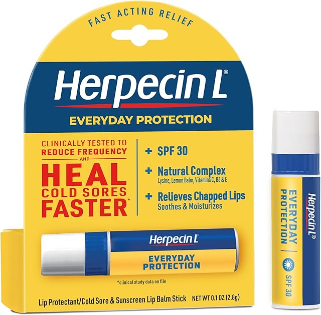 Herpecin L Lip Balm Stick; Cold Sore Sun & Fever Blisters and Chapped Lips Relief Lip Balm with SPF30, Lemon Balm, and Lysine, 01oz