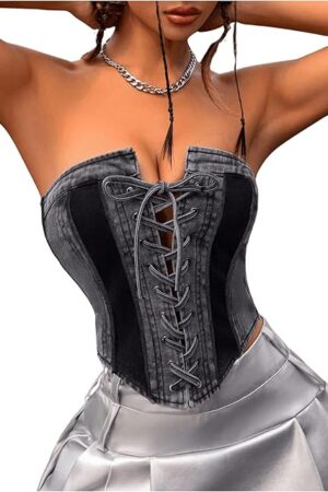 Women's Sexy Lace Up Strapless Crop Denim Tube Top Asymmetrical Hem Bandeau Tank Top