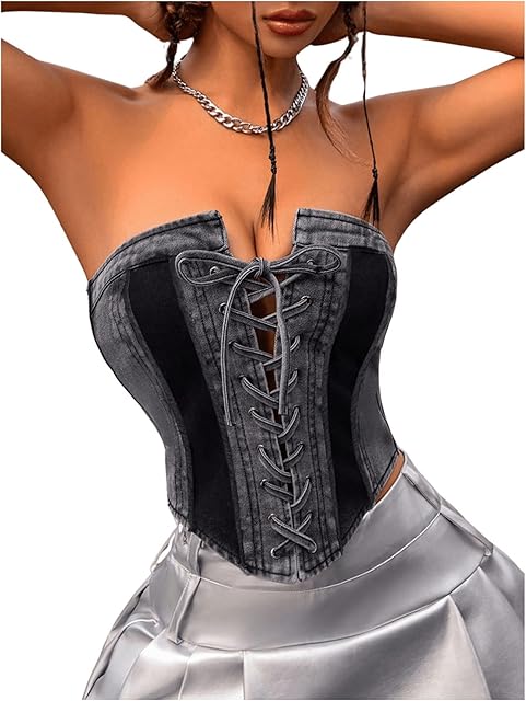 Women's Sexy Lace Up Strapless Crop Denim Tube Top Asymmetrical Hem Bandeau Tank Top