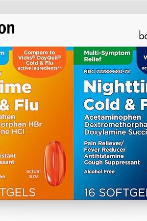 Amazon Basic Care Cold and Flu Relief, Daytime and Nighttime Combo Pack Softgels, Powerful Cold Medicine for Day and Night Multi-Symptom Relief, 48 Count(Pack of 1)