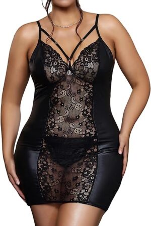 Black Lace Babydoll Lingerie Dress Set for Women Sexy V-Neck Slip Dress Wireless Nightgown Mini Boudoir Outfit, XS-4XL