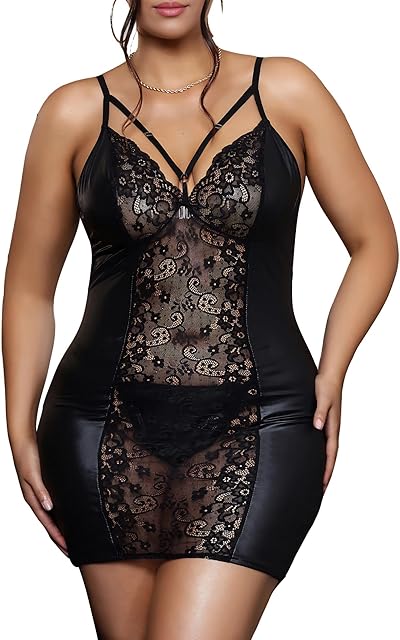 Black Lace Babydoll Lingerie Dress Set for Women Sexy V-Neck Slip Dress Wireless Nightgown Mini Boudoir Outfit, XS-4XL