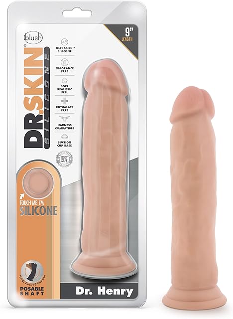 Blush Novelties Dr. Skin Silicone - 9 Inch Realistic Platinum Cured Dong - Powerful Suction Cup for Hands Free Play and Harness Compatible - Posable Shaft Contours to Your Body - Dildo Sex Toy.