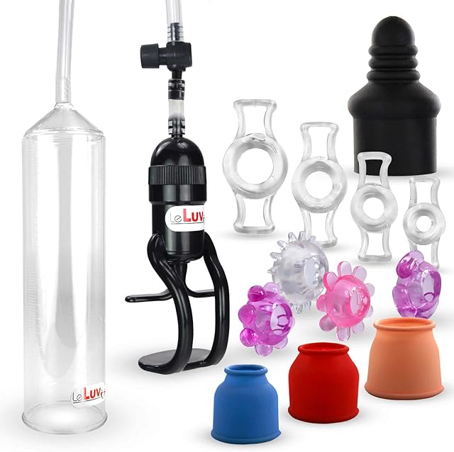 LeLuv Vacuum Pump Easyop ZGrip Handle Natural Male Enhancement Bundle with 3 Sleeves, Septum, 4 Constriction Rings and Stretchy Jelly Cock Rings