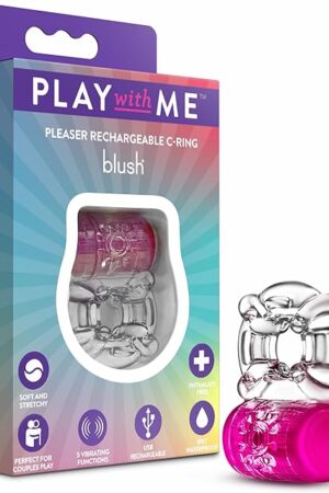 Blush Play with Me Pleaser 2.25" Vibrating Penis Ring, 5 Vibration Modes, Rechargeable - Soft Stretchy CockRing Stimulates You & Your Partner - C-Ring Adult Sex Toy for Men & Couples - (Neon Pink)