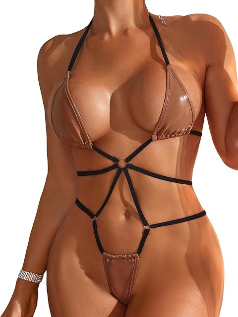 Women's Sexy Lace Up Lingerie Bodysuit Ring Linked Halter Tie Back One Piece Babydoll Lingerie