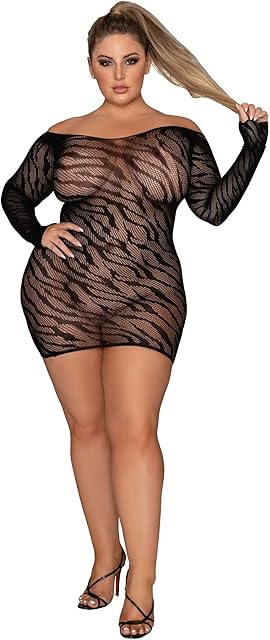 Women's Plus Size Seamless Zebra Patterned Off-Shoulder Chemise with Thumbholes Black