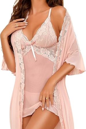 Women Sexy Lingerie Set 3 Piece Babydoll & Lace Kimono Robe Strap Chemise Nightgown Mesh Sleepwear
